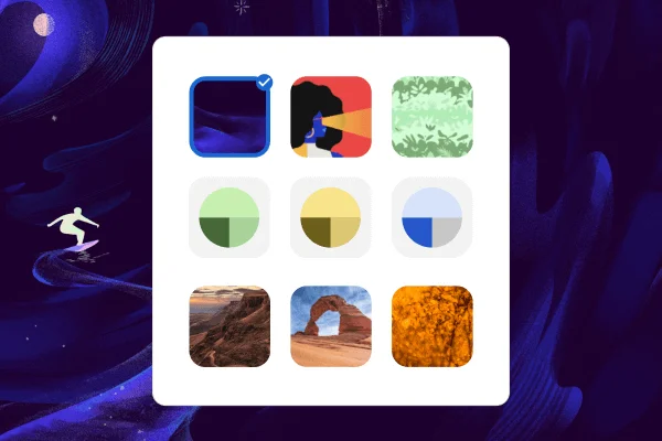 Les icônes affichent neuf thèmes différents. Si l'utilisateur clique sur le thème, l'image d'arrière-plan change.