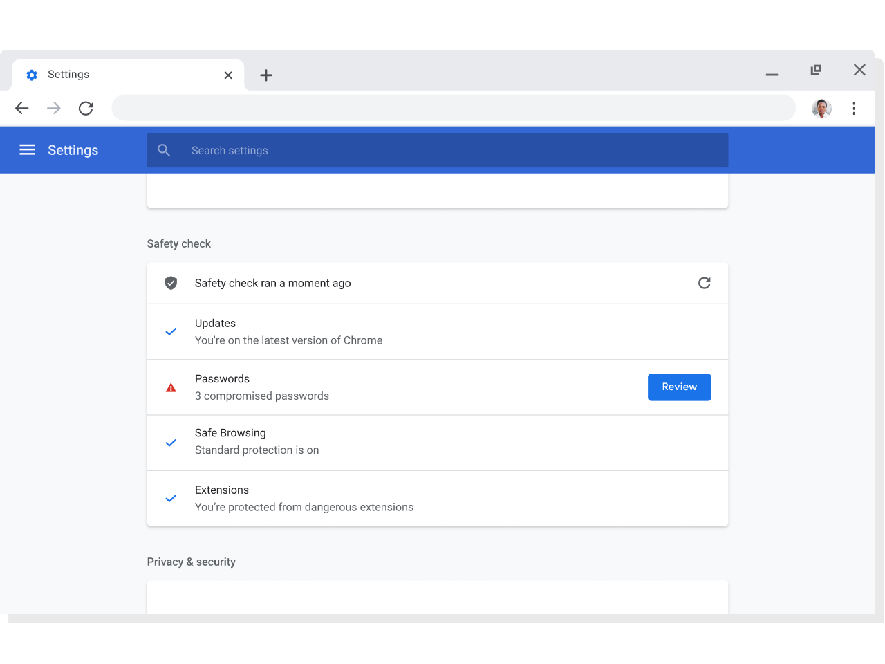 Chrome browser window displaying account and sync settings for Google Accounts, where sync is enabled.