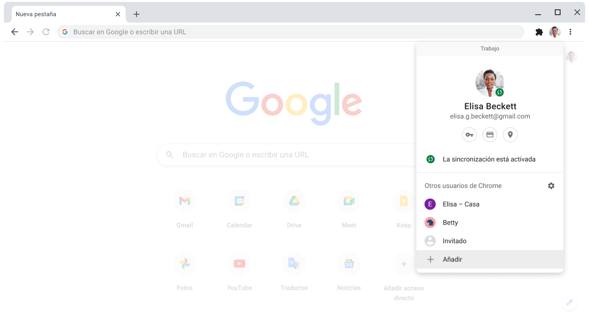 Navegador Chrome donde se muestra el cuadro de diálogo para cambiar de perfil.