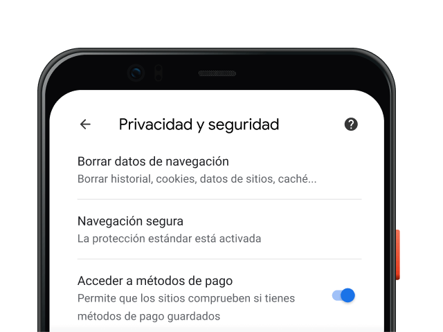 Página de ajustes de privacidad y seguridad del navegador Chrome en un dispositivo móvil.