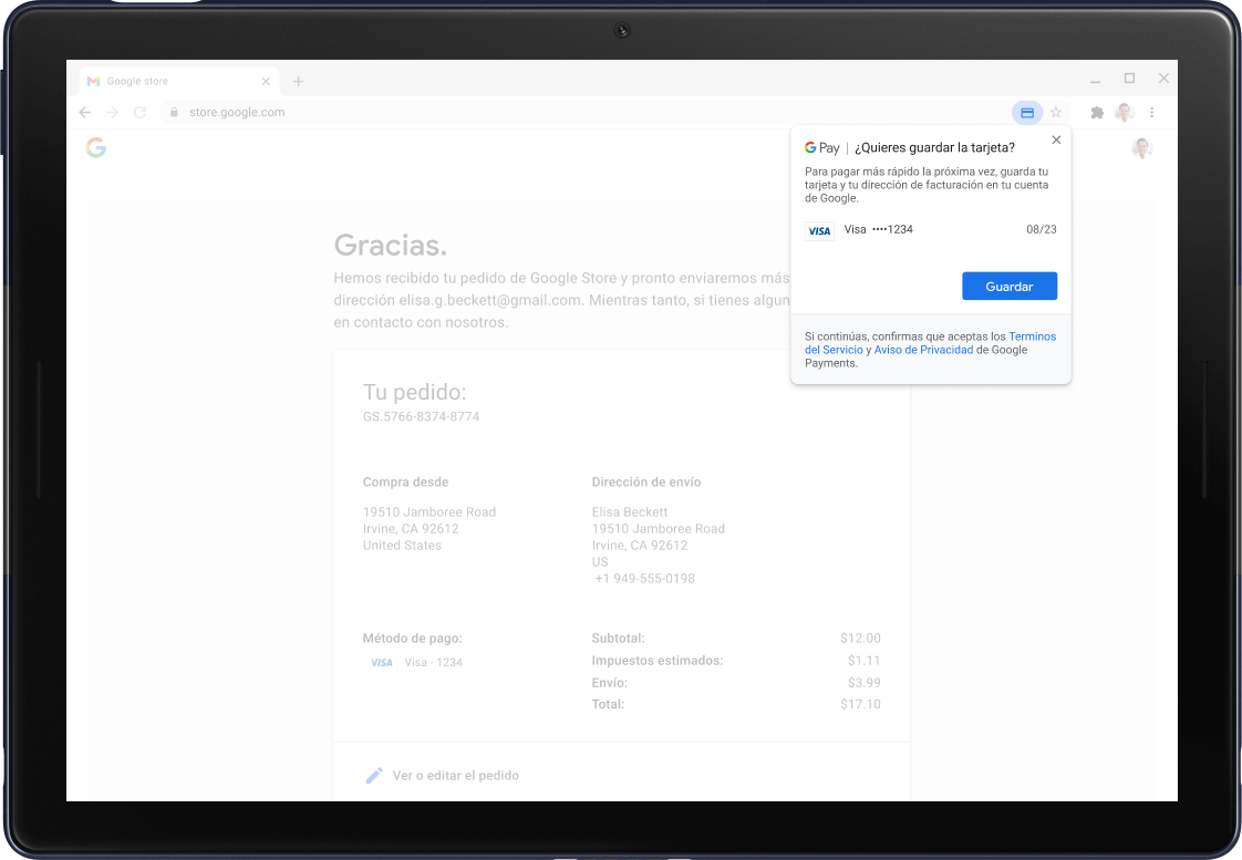 Google Pay confirmation screen shown on a Pixel Slate Tablet.