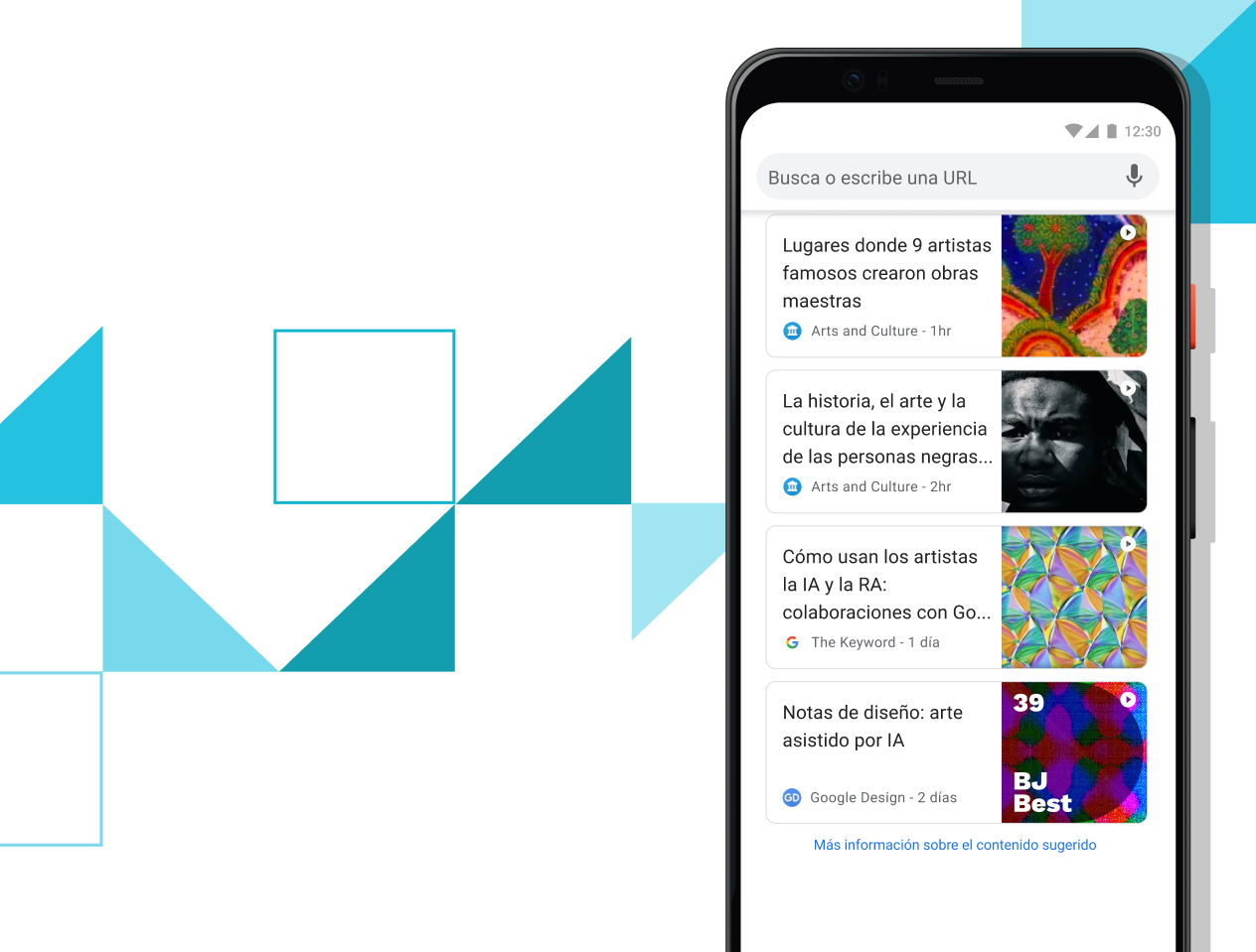 Artículos recomendados para ti Teléfono Pixel 4 XL donde se muestran enlaces de artículos seleccionados en la pantalla.