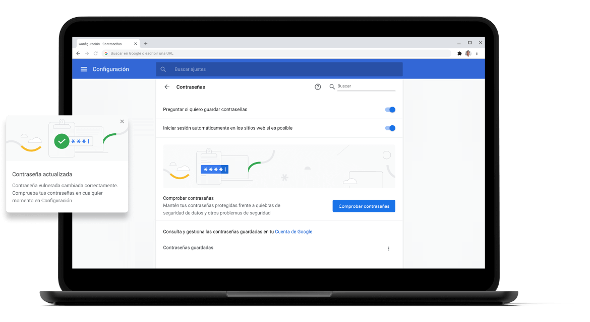 Revisión de contraseñas Pixelbook Go laptop with screen displaying Chrome password check with a passsword update dialog box.