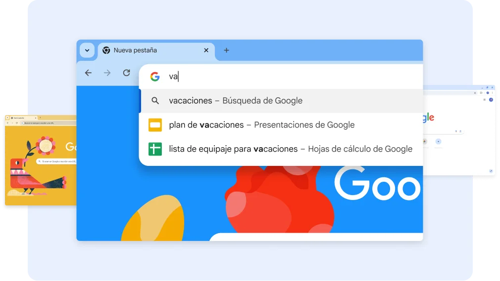 Una búsqueda que empieza por 'va' muestra opciones de documentos sobre vacaciones. A continuación, al tocar un acceso directo de Hojas de cálculo, se abre una hoja que se llama Lista de equipaje para vacaciones.