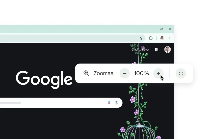 Google-etusivu ja ponnahdusikkuna, zoomaus asetettu 100 %:iin