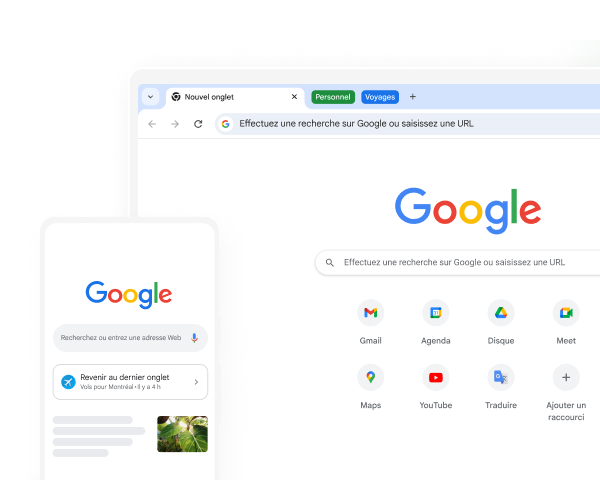 Un appareil mobile et un ordinateur de bureau affichent tous deux la page d'accueil de Google sur Chrome.