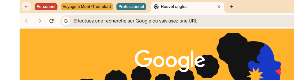 L'interface utilisateur d'un navigateur comporte trois groupes d'onglets : Personnel, Voyage à Arches et Travail.
