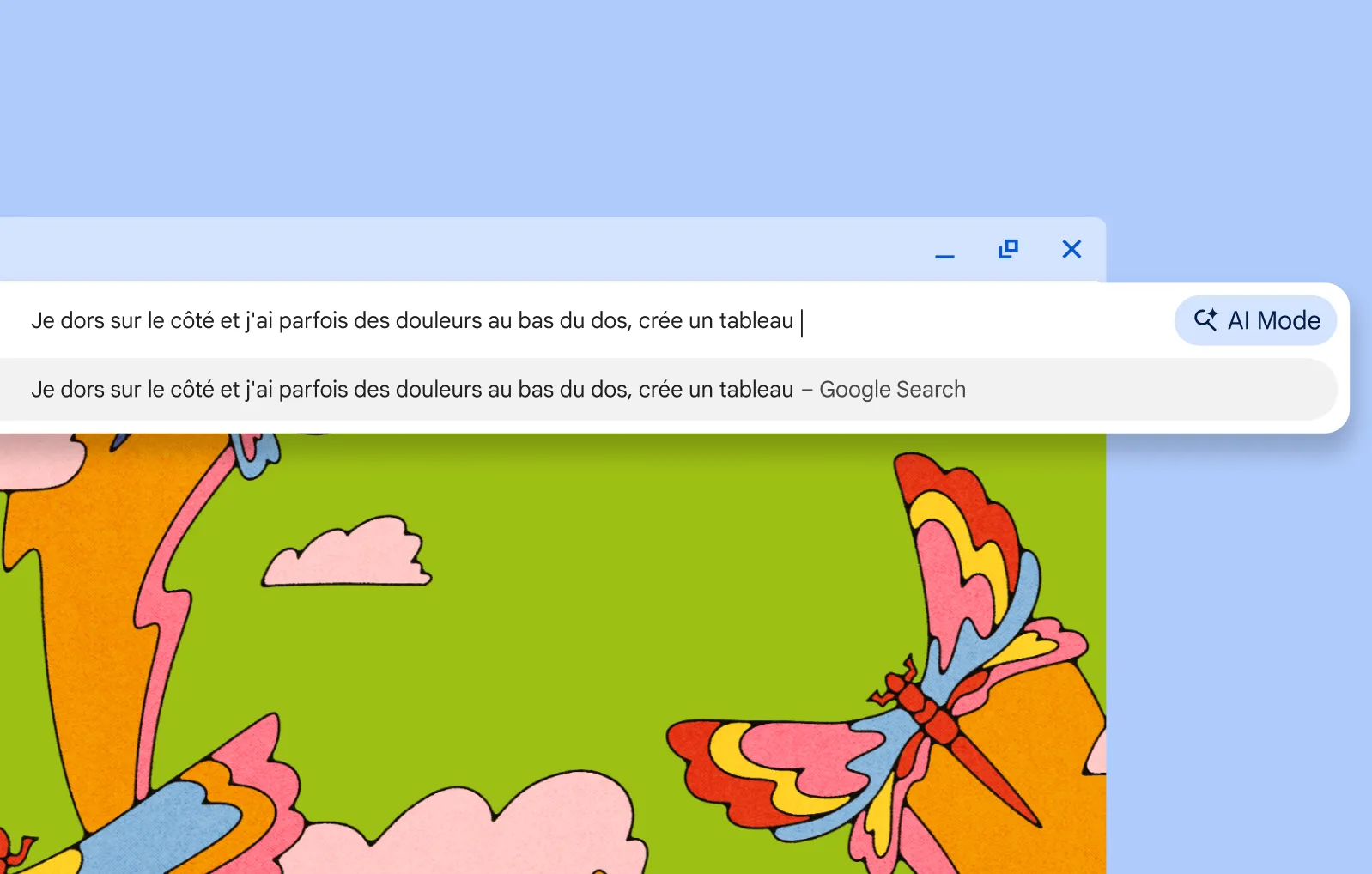 Dans la barre de recherche Chrome, un utilisateur demande au mode IA de créer un tableau comparatif des différents types de matelas.