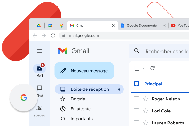 Fenêtre de Chrome affichant la boîte de réception Gmail à côté des onglets YouTube et Google Docs.