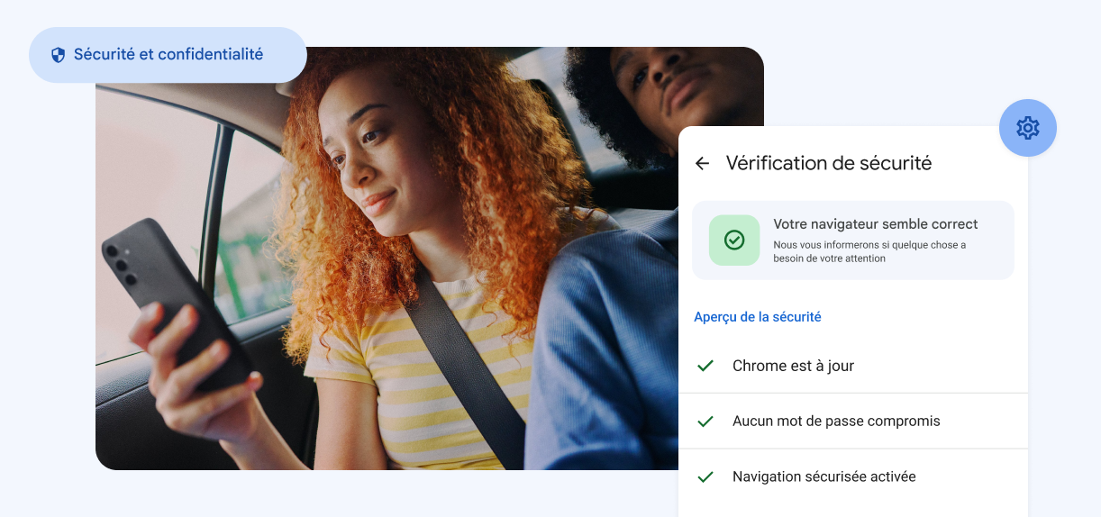 Une femme regarde son téléphone. Des éléments indiquent la mention « Confidentialité et sécurité » avec une alerte concernant des mots de passe compromis.