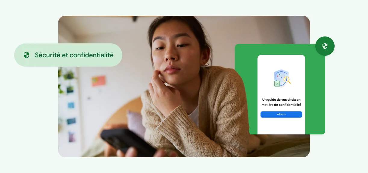 Une femme se touche le visage et regarde son téléphone.