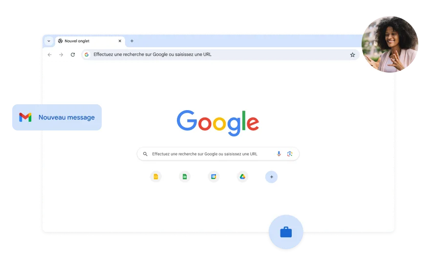 L'arrière-plan de la page de recherche Google est blanc. La photo d'une femme se trouve dans un coin.