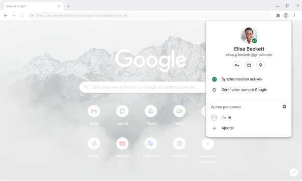 Fenêtre du navigateur Chrome montrant un compte Google dont la synchronisation est activée.