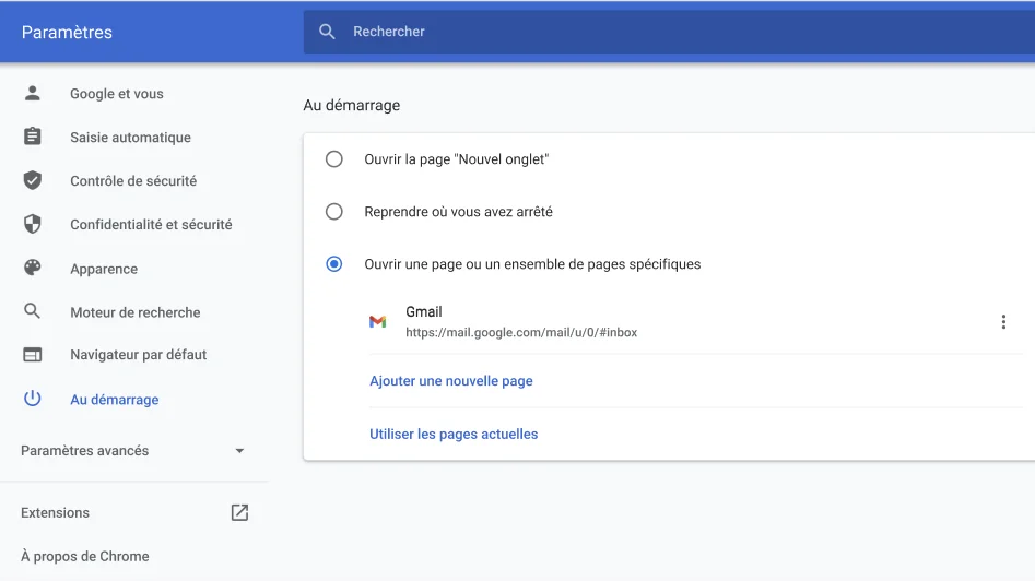 Fenêtre des paramètres du navigateur Chrome affichant le menu d'options 