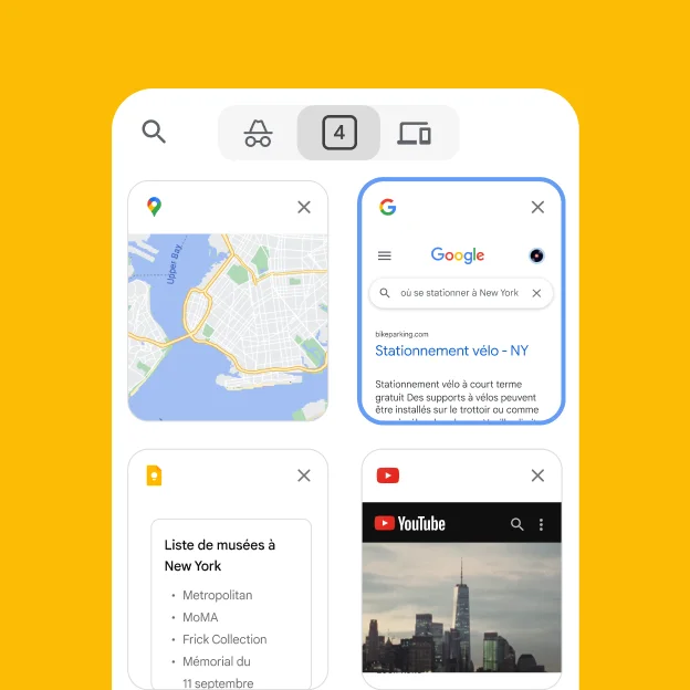 Un navigateur mobile charge les onglets d'un navigateur de bureau, notamment Google Maps et des renseignements sur le stationnement à New York.