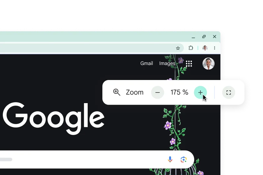 La page d'accueil de Google avec des éléments agrandis et une fenêtre contextuelle avec un zoom de 175 %