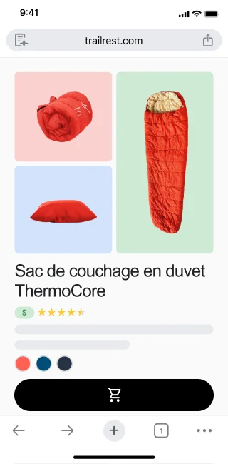 Sur une page de vente au détail présentant un sac de couchage, un utilisateur ouvre Gemini dans Chrome. Une boîte s'affiche pour qu'il puisse poser une question à Gemini.