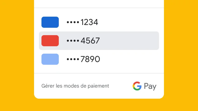 Google Pay affiche uniquement les quatre derniers chiffres de trois cartes de crédit pour des raisons de sécurité.