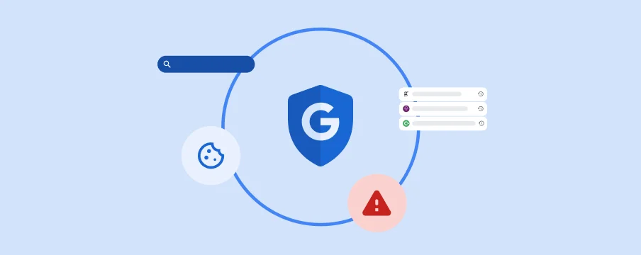 Un badge Google entouré d'icônes liées à la confidentialité indique que Google vous donne le contrôle de votre confidentialité en ligne