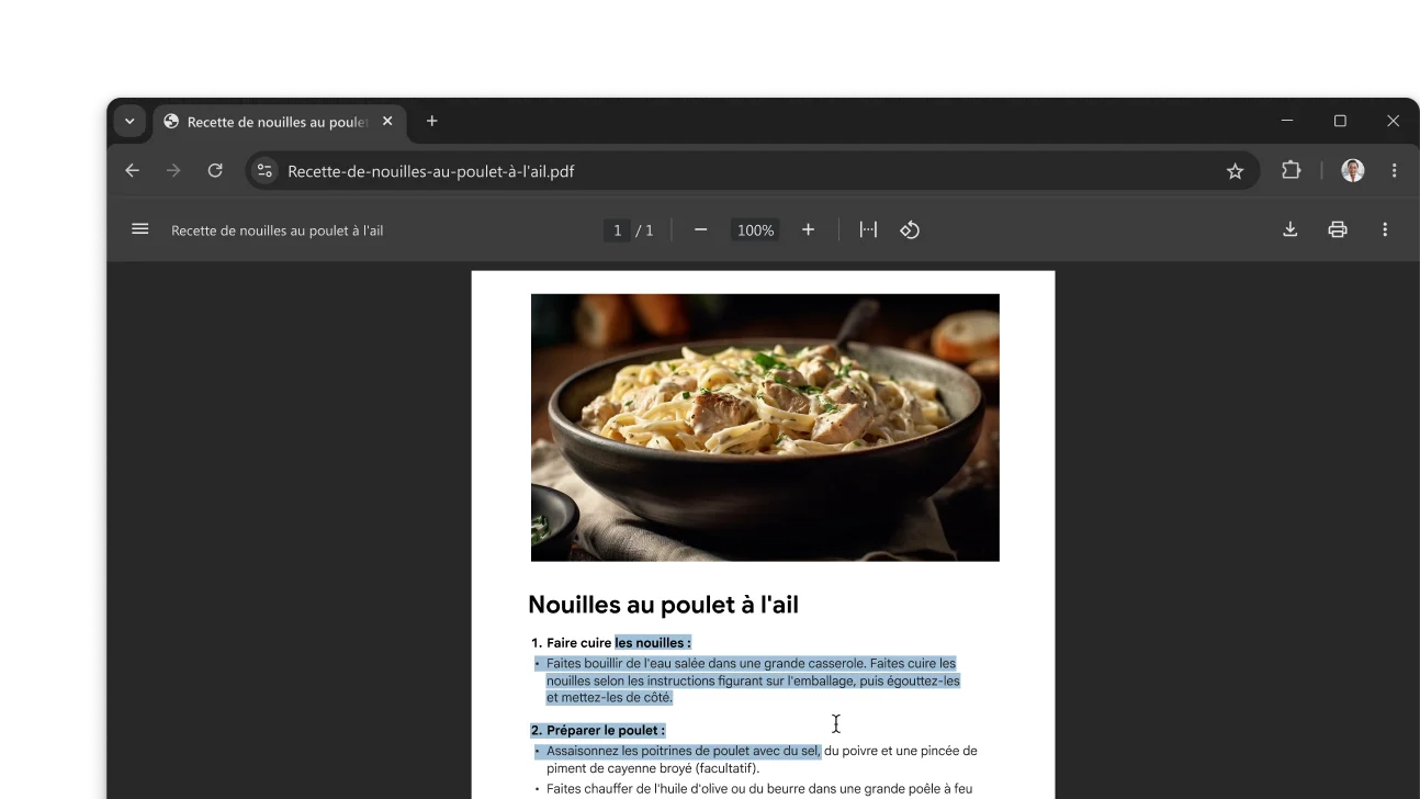 Un fichier PDF contenant une recette est ouvert dans une fenêtre du navigateur Chrome. L'utilisateur a sélectionné du texte dans le PDF.