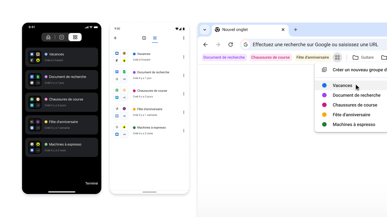 Groupes d'onglets sur les appareils iOS, Android et de bureau