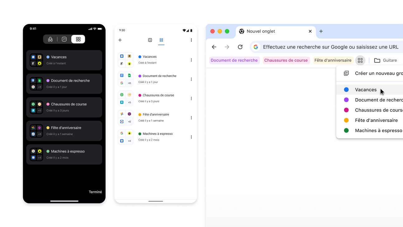 Groupes d'onglets sur les appareils iOS, Android et de bureau