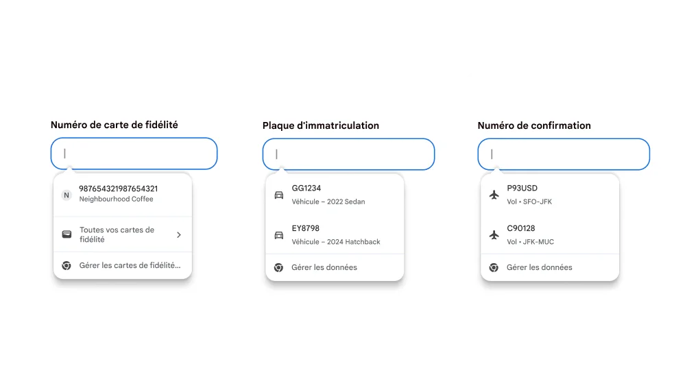 Expérience utilisateur de la fonctionnalité Remplissage automatique pour remplir les cartes de fidélité, les renseignements sur les véhicules et les informations sur les vols.