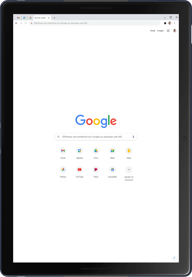 Tablette Pixel Slate en mode Portrait, affichant la page d'accueil Google.