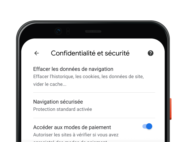 Page des paramètres de confidentialité et de sécurité de Chrome sur un appareil mobile.