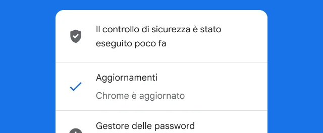 Un avviso mostra che il controllo di sicurezza di Chrome è stato completato e il browser è aggiornato.