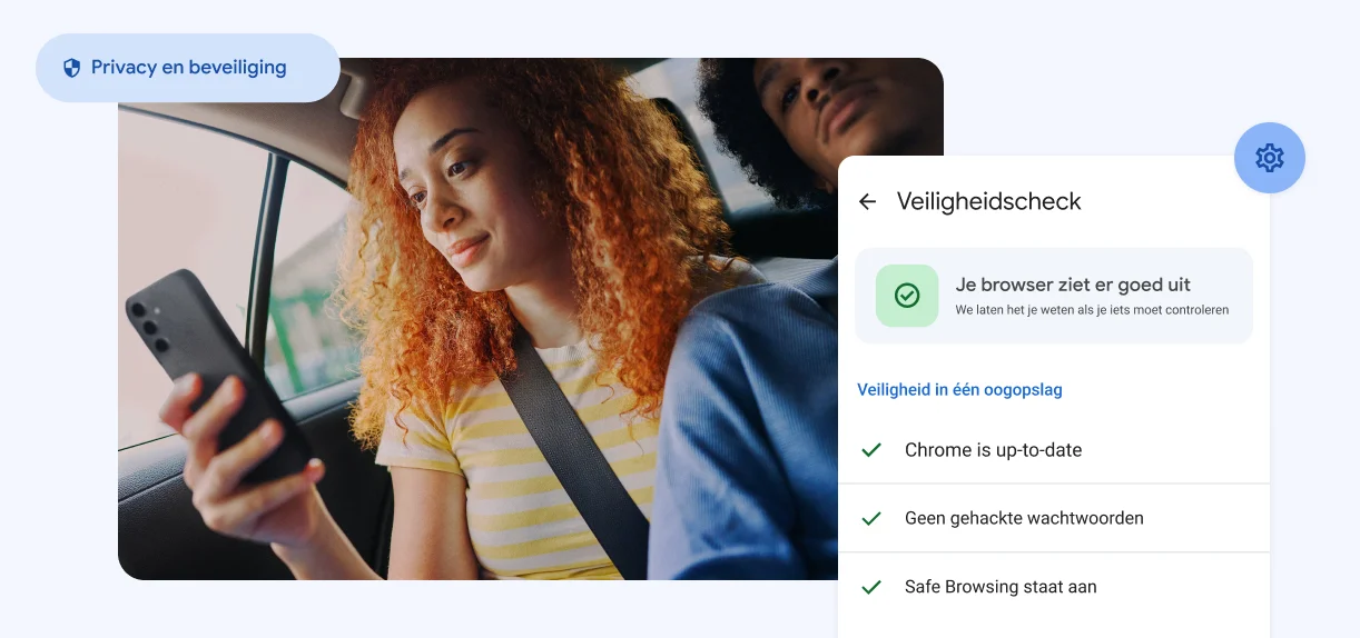 Een vrouw kijkt op haar telefoon. Elementen geven 'Privacy en beveiliging' aan met een melding over gehackte wachtwoorden.