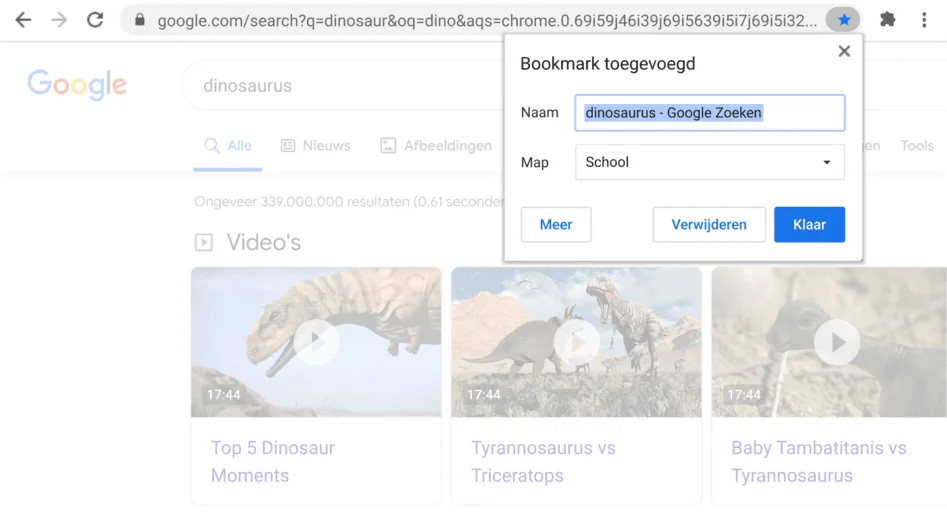 Chrome-browservenster met een geopend dialoogvenster Bookmark.
