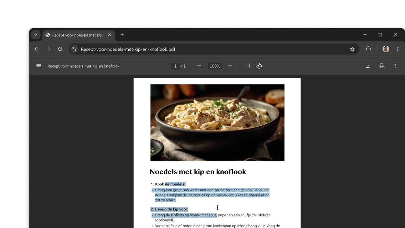 Een pdf met een recept is geopend in een Chrome-browservenster. De gebruiker heeft tekst in de pdf geselecteerd.