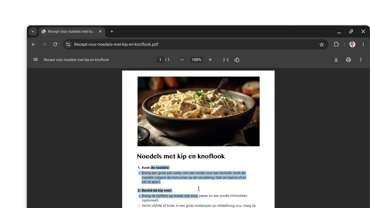 Een pdf met een recept is geopend in een Chrome-browservenster. De gebruiker heeft tekst in de pdf geselecteerd.