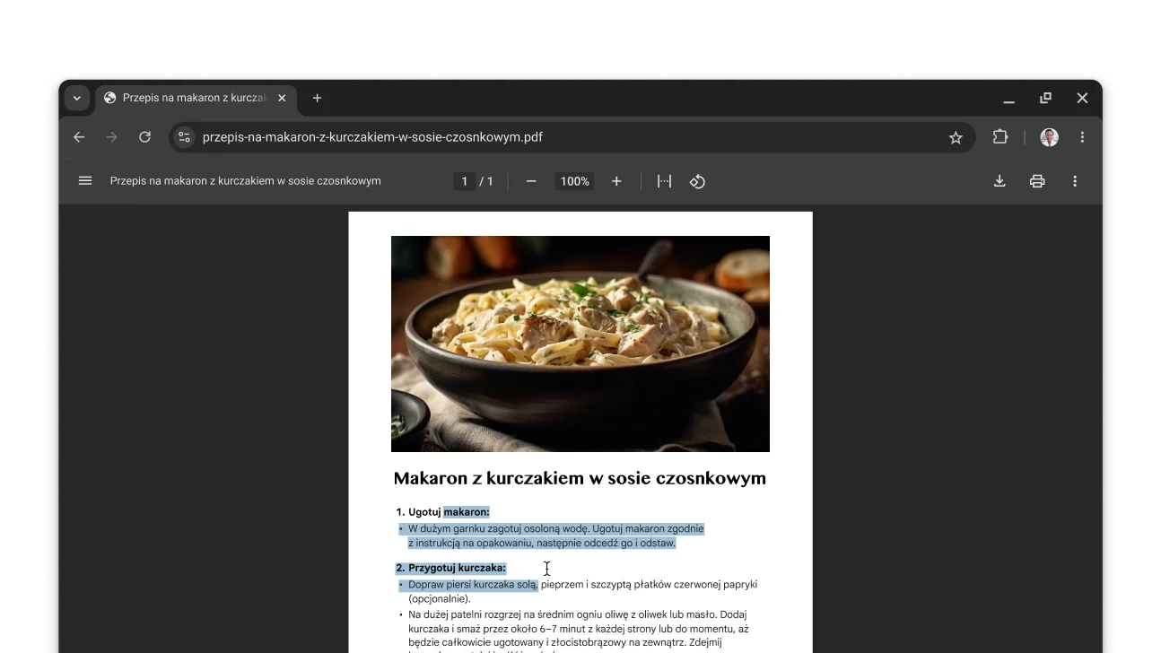 W oknie przeglądarki Chrome jest otwarty plik PDF z przepisem. Użytkownik zaznaczył w nim tekst.