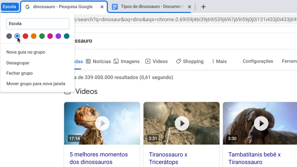 Janela do navegador Chrome com uma caixa de diálogo mostrando um grupo de guias sendo nomeado