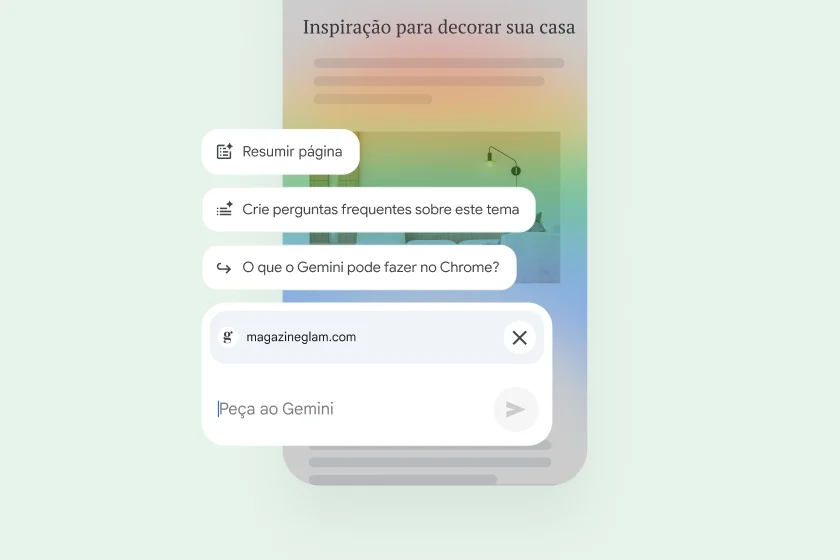 A página da web de um celular apresenta controles para o usuário resumir a página, encontrar sites relacionados ou fazer uma pergunta ao Gemini.