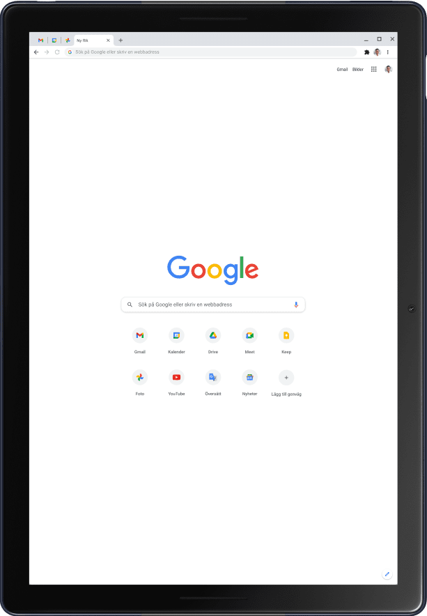 Pixel Slate-surfplatta i porträttläge som visar Googles startsida.