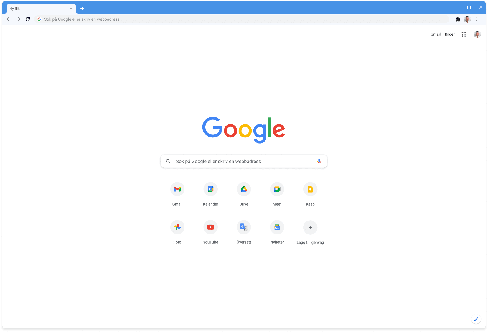 Ett webbläsarfönster i Chrome visar Google.com med temat Classic.