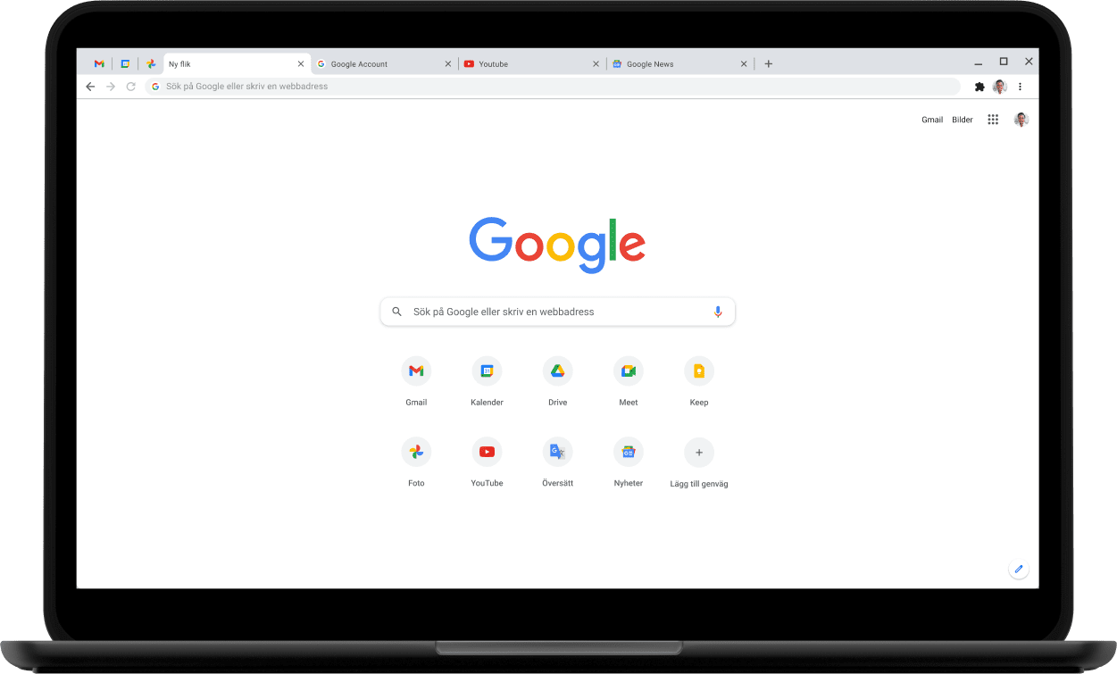 Det övre vänstra hörnet av en Pixelbook-laptop med en skärm som visar Google.com.