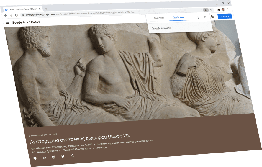 Visar en sida från Google Arts & Culture med en dialogruta för Google Översätt upptill. Där visas originaltexten på grekiska.