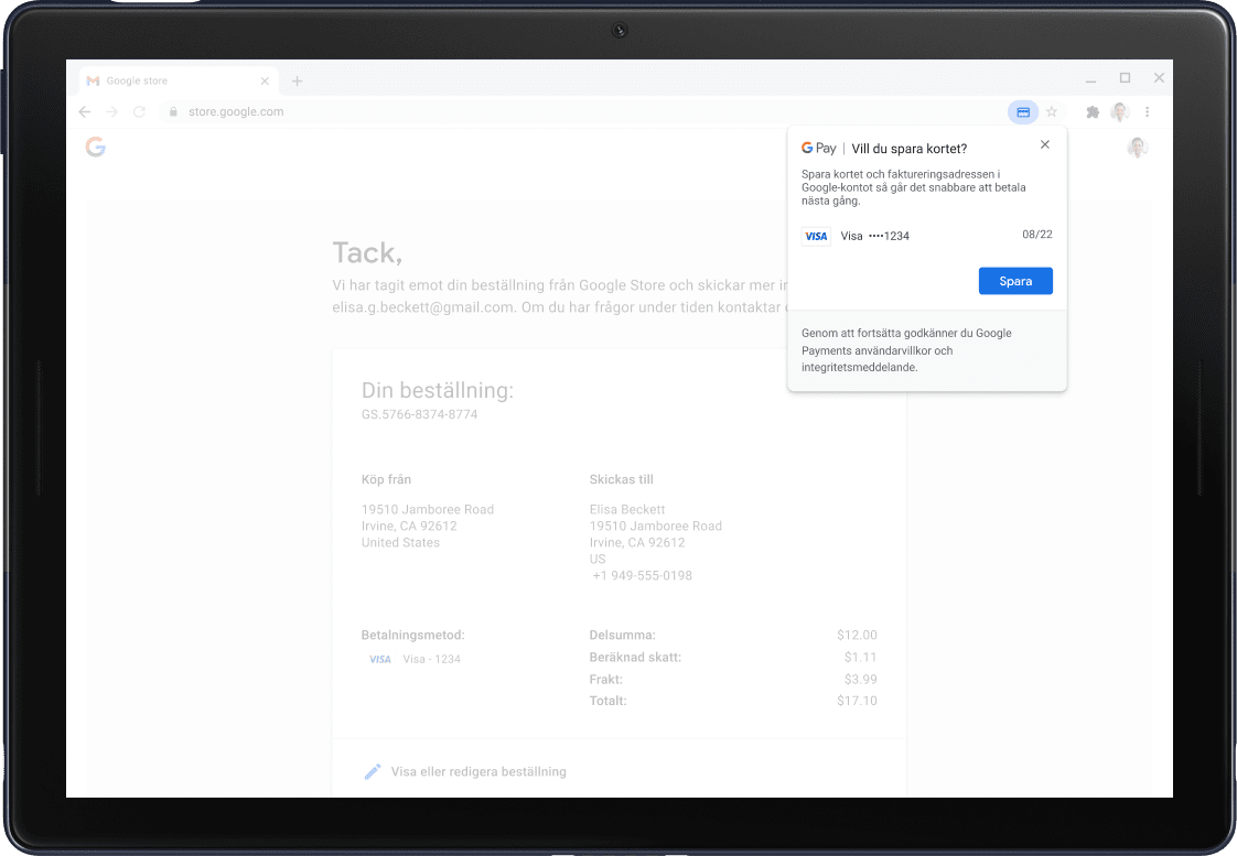 Google Pay confirmation screen shown on a Pixel Slate Tablet.