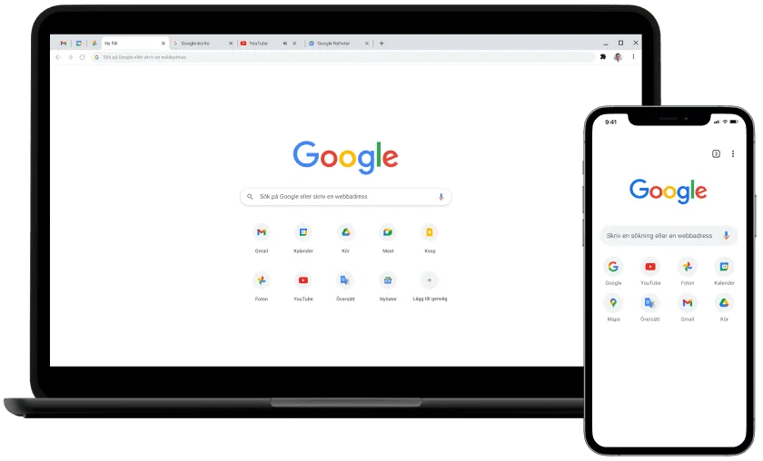 Laptop och en mobil enhet som visar startsidan för Google.com.