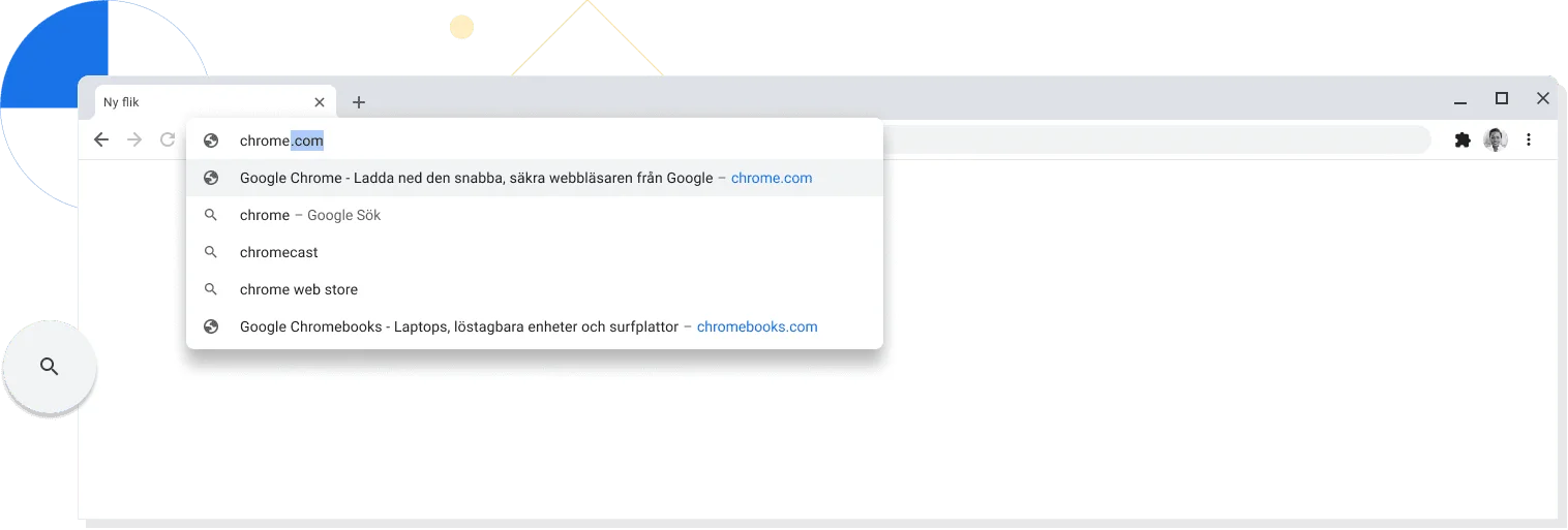 Inzoomad vy över en ny flik i ett webbläsarfönster i Chrome med chrome.com i adressfältet.