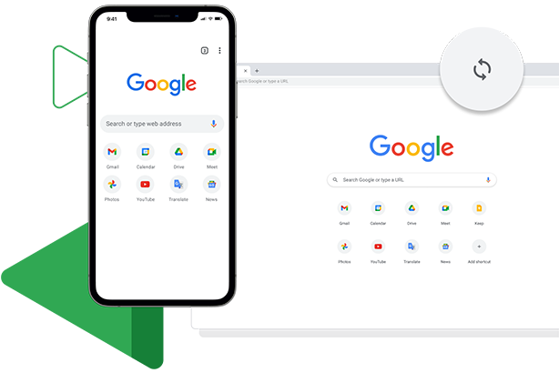 Chrome's window displays a sync browser experience across mobile and desktop devices.