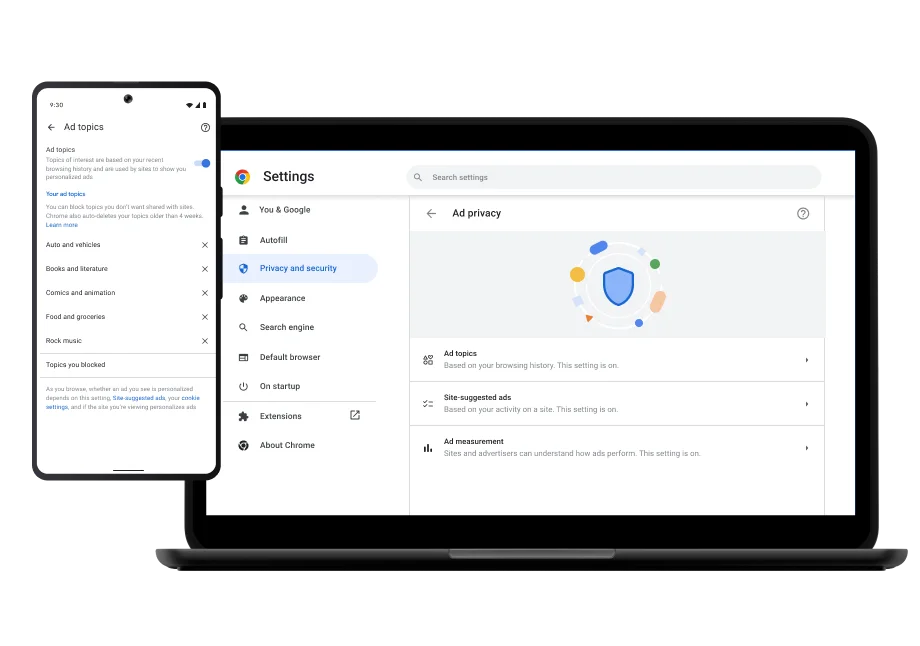 Privacy settings A smartphone and a laptop both display Chrome's privacy settings.